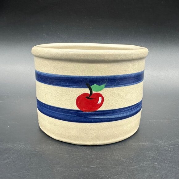 Vintage Stoneware Crock Jar Blue Stripe Cherry Apple Storage Container Farmhouse - Picture 2 of 11